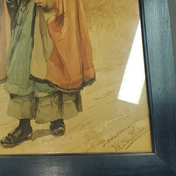 Vintage W.S. Satterlee Framed Art Print – Woman in Countryside Cloak Scene 14x18 - Picture 3 of 5